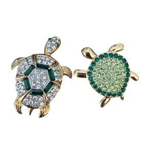 Monet Turtle Pin & Unmarked Turtle Brooch Green Rhinestones Gold Tone